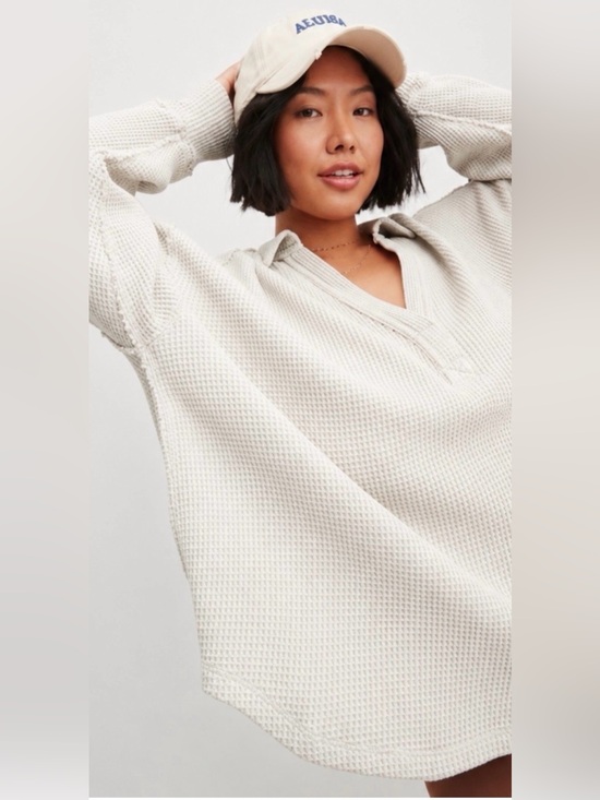 aerie Tops - Aerie Cream Waffle-Knit Long Sleeve Collared Top | L